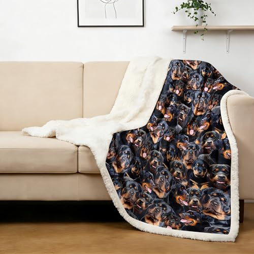 BlessLiving Fuzzy Dogs Blanket for Kids Adults Cool Dogs Fleece Blanket Reversible Animal Pattern Sherpa Throw Rottweiler Queen (228x228cm)