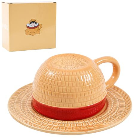 Straw Hat-Shaped Mug with Saucer – Anime Creative Design Coffee Cup, Unique Ceramic Tea Cup Set, Fun Gift for Fans, 8.5oz