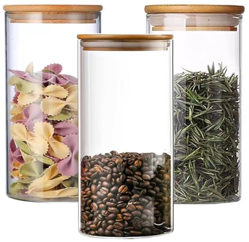 NAVACALA Round Glass Storage Jars with Lids 1300ML Set of 3 - High Borosilicate Glass Airtight Kitchen Food Canisters Cylinder Clear Preserving Seal Containers with Lid