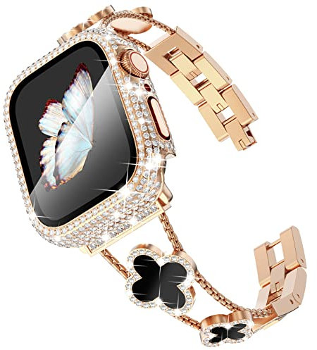 KADES Compatible with Apple Watch Straps 38mm for Women,Bling Diamond Rhinestone Stainless Steel Bracelet with Bling Screen Protective Case for iWatch Series 3 2 1, Rose Gold
