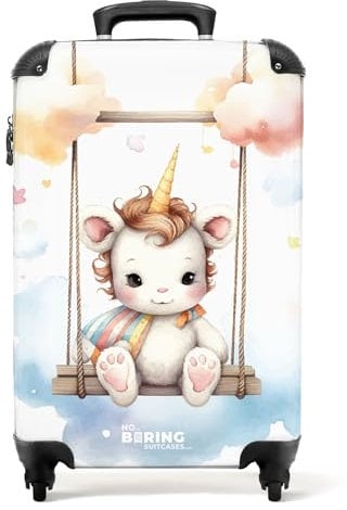 NoBoringSuitcases.com Kinderkoffer, Kinderkoffer Mädchen, Koffer Groß, Koffer Kinder Mädchen, TSA Schloss, Koffer M, Mittelgroß 4 Rollen Leicht, Koffer Mittelgroß (Einhornbaby - Weiß, 67 cm - 72 L)