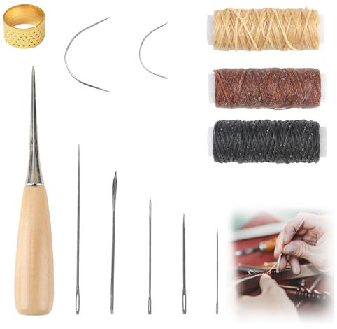 Gewachstes Nähgarn-Nähset inkl. Nähgarn, Nadeln, Fingerhut, Nähpolster-Reparaturset - Für Lederhandwerk, Teppich, Sofa, Segelsitz, Schuhe, Nähen und Reparieren (Natürliche Farbe)