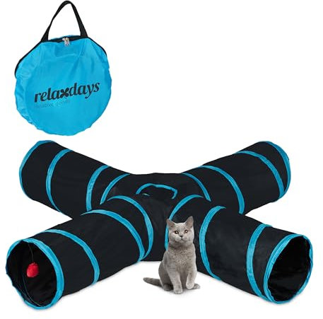 Relaxdays Katzentunnel faltbar, 4 Wege, Spielzeug, interaktive Katzenröhre, HBT: ca. 25x130x125 cm, Tunnel, schwarz/blau