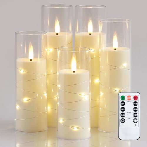 Zevanor Flammenlose flackernde 5,5 cm x 12,5 cm, 15 cm, 17,5 cm, 20 cm, 20 cm Kerzen, LED Batteriebetriebene Elfenbein Plastik Timer Säulenkerzen (Langlebig 600 Std., 5er-Pack)
