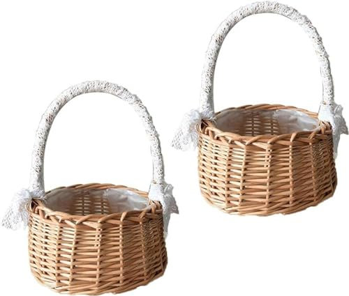 2 Stück Kle-iner Weidenkorb Mit Hen-kel, Streukorb Rattankorb, Streukorb Hochzeitskorb, Webkörbe, Hochzeits-Blumenkorb, Kle-iner Blumenkorb Für Hochzeiten, Brautjubiläum, Dekoration