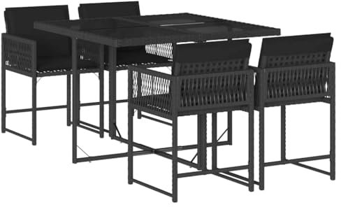 vidaXL Garten Essgruppe 5-TLG., Gartenmöbel Set Tisch mit 4 Stühle, Gartengarnitur mit Kissen, Sitzgruppe Essgarnitur Terrasse, Schwarz Poly Rattan