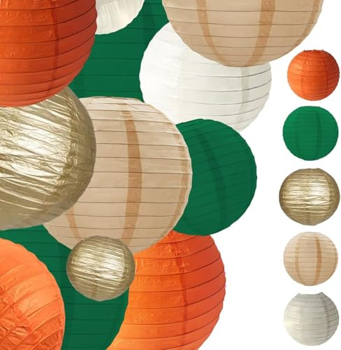 Hochzeitsfeierdeko Papierlampion Dunkelgrün,Gold,Hellbraun,Orange,weiß,15 Stück hängende Papierlaternen für deko gartenparty,deko eukalyptus,hochzeitsdeko,Brautdusche Partydekor