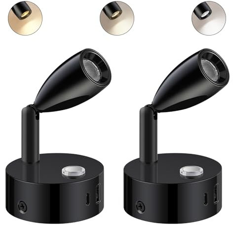 ERWEY 2er 12V LED Leselampe Wohnmobil, Stufenlose Helligkeit & 3 Farbtemperatur Modi Bettlampe, Wandlampe mit Ladefunktion USB A+C-Anschlüssen, für Auto Van Wohnwagen Innenbeleuchtung, Schwarz