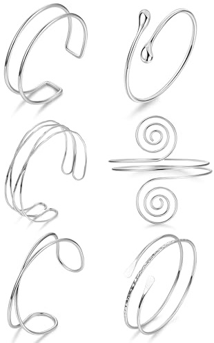 Vegolita 6Pcs Boho Coil Arm Cuff Bangle Set - Adjustable Minimalist Open Arm Cuff Armlet Armband