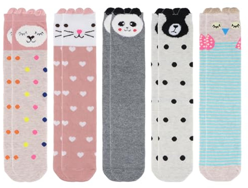 5 Paar Thermo kniestrümpfe kinder, Baumwolle Langer Stil Mädchen Kniestrümpfe mit interessant niedliches cartoon Muster, Weich bequem Hautfreundlich und atmungsaktiv Hohe Kindersocken 3-12 Jahre