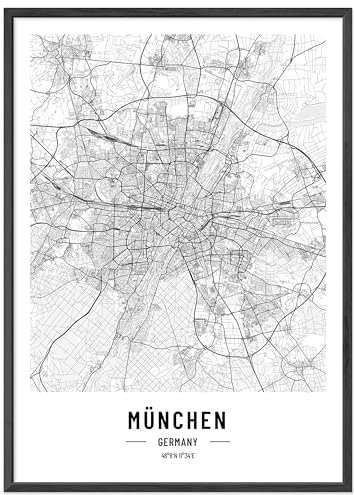 JUNOMI® München Poster DIN A3 mit Rahmen Schwarz, DIN A3 Wohnzimmer Deko, Modernes Wandbild, München Bild, Wandbild mit Rahmen, Stadtplan Poster München, perfekte Geschenkidee für Münchener