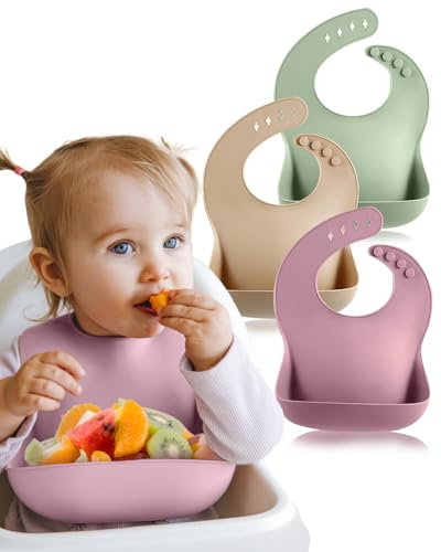 BebeCalin 3 Pack Baby Bibs 6-12 Months, BPA-Free Silicone, Soft & Adjustable Weaning Bib, Waterproof Easy to Clean Baby Feeding, Non-Messy with Large Food Catcher Pocket