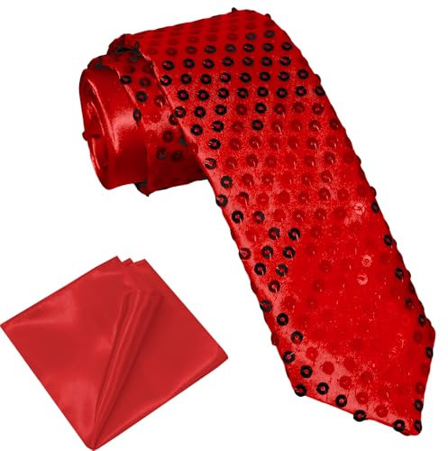 ROSAUI Glitzer Krawatten für Herren und Damen, Glitzer Outfit Hemd Sakko Accessoires, Satin Krawatte und Einstecktuch Set Hochzeit Festival Disco Party Fasching (Rot)