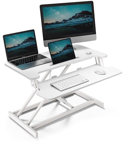 VonHaus Standing Desk Converter, Height Adjustable Computer Workstation with Keyboard Shelf, Dual Monitor Desk Riser w/Tablet Holder - 80x40cm (White)