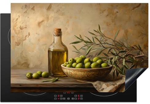 KitchenYeah© Protège Plaque Induction 80x52 cm Deco Cuisine Accessoire Pratique Protection De Vitroceramique Kitchen Gadget Olives - Nature Morte - Vintage