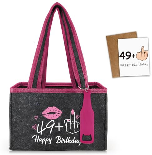 Giftota Lustig 50. Geburtstag Frauen Bier, 49+1 Flaschentasche mit Flaschenöffne und Karte, für 6 Bierflaschen, Wiederverwendbare Handtasche, Geschenk 50 Geburtstag Bierliebhaber, Bierfeste, Partys