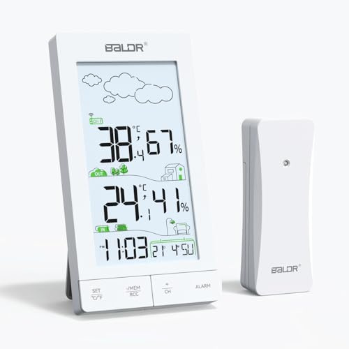 Konsen Wetterstation Funk mit Außensensor DCF Funkuhr, Digital Thermometer/Hygrometer für Innen und Außen, Hinterbeleuchtung, Wettervorhersage, Weiß