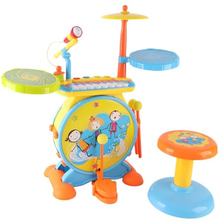 Kids Electric Drum Set with Keyboard, Microphone and Stool, Musical Instrument Toy, 5 Play Modes