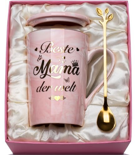 Geschenke für Mama, Geburtstagsgeschenk für Mama - Beste Mam-a der Welt Tasse, Idee Mam-a Geschenk 400ml Rosa Marmor Keramiktasse Mutter Becher mit Goldaufdruck, mit Deckel Löffel, Geschenkbox