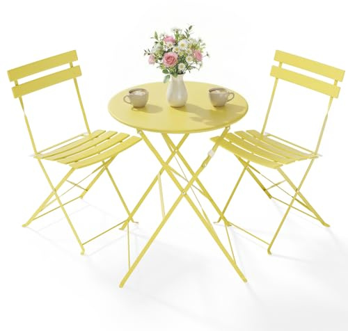 Clevich Bistro Set Balkon Metall, Klappbar Balkonmöbel Set 3 teilig | Bistrotisch mit 2 Klappstühlen, Gartenmöbel Set Outdoor Sitzgruppe, Faltbar & Wetterfest, für Balkon, Garten, Terrasse, Gelb