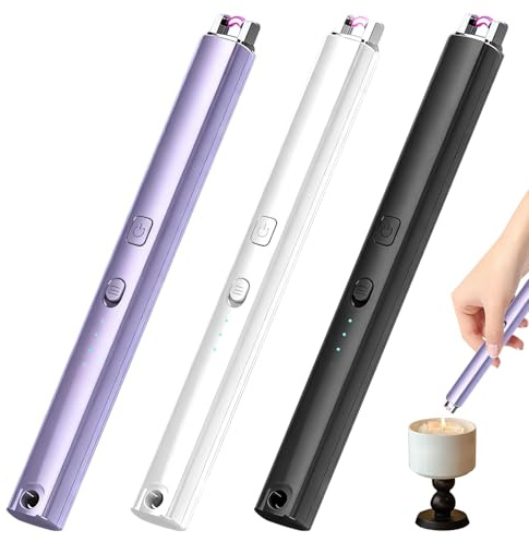 3 Stück Lichtbogen Feuerzeug Elektrisch, Stabfeuerzeug USB Aufladbar Feuerzeug, Lang Sicherheitsschloss, Elektronisch Kerzenanzünder mit Batterieanzeige, für Kerzen, Kamin, Anzünden, Gasherd, Küche