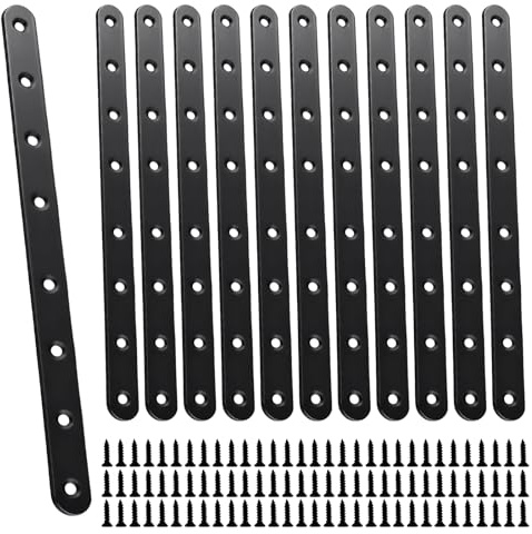 MUNGHOK 12 Conectores Planos de Acero Inoxidable Negro 293x19x3mm - Placa Perforada con 96 Tornillos para Muebles, Armarios, Estanterías