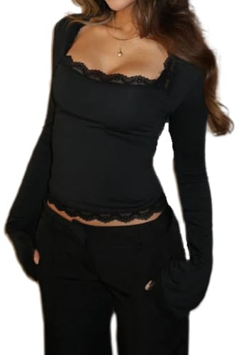 NJWTSDTZ Women Bell Long Sleeve Shirt Tops Y2k Square Neck Lace Trim Crop Shirts Trendy Slim Fit Fall Going Out Blouse