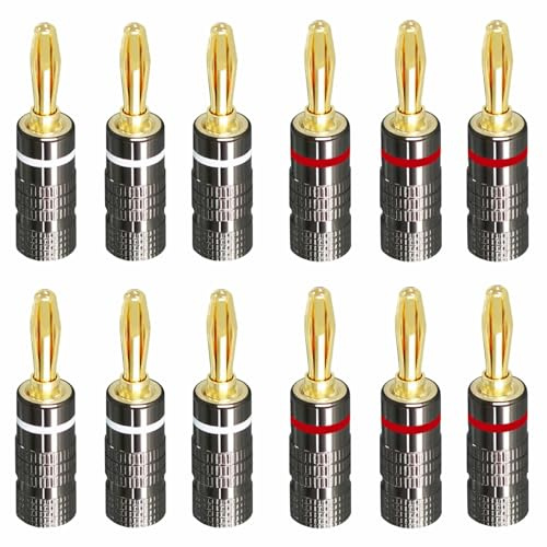 Maple Plentiful Bananenstecker 4mm, Bananenstecker Lautsprecher 24k Vergoldet, Schraubbar, 6 Paare Speaker Banana Plugs, Für Lautsprecherkabel, Verstärker, Hifi-Boxen, Av Receiver(6x Rot, 6x Weiß)