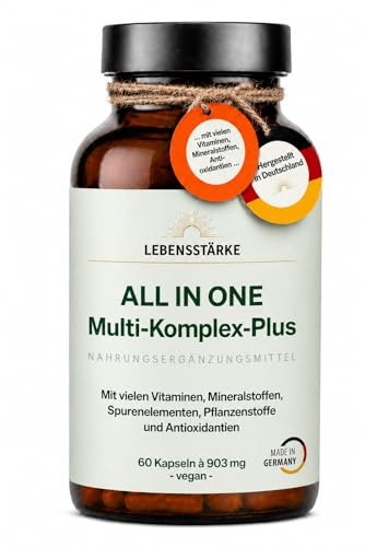 Multivitamin-Komplex-Plus ALL-IN-ONE, die einzigartige Qualitätsmischung der deutschen Marke LEBENSSTÄRKE. Hochwertiges Multivitamin-Komplex mit vielen Vitaminen, Mineral- und Pflanzenstoffen