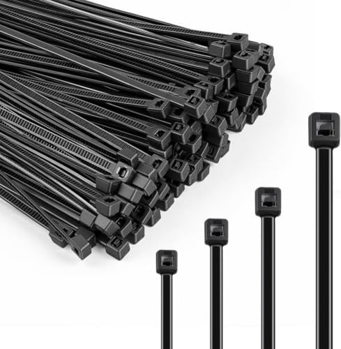 OSDUE Cable Ties Black, 400 Pack 100mm/150mm/200mm/300mm Zip Ties | Self Locking, with UV Resistant, Multi-Purpose Strong Heavy Duty Nylon Long Tie Wraps for Home Garden Office Workshop and DIY