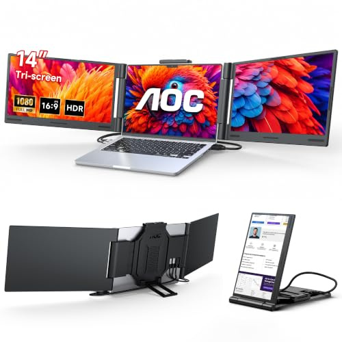 AOC 14 Dual Screen Monitor Extender, 1080P FHD IPS Display | Portable Monito with 1080P FHD IPS Display, HDMI/USB-C Cable Plug-Play Triple Laptop Screen Extender for Mac/Windows, Black