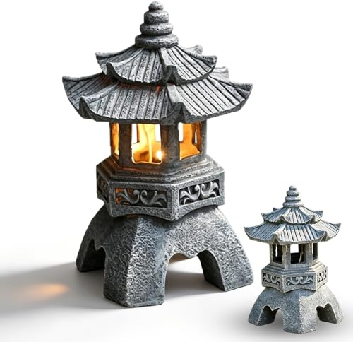Japanische Steinlaterne Gartendeko, Pagode Solar Laterne Statue, H 24 cm Steinlampe Japanische Gartenlaterne aus Harz mit Solar LED Beleuchtung für Innen & Außen, Garten Deko für Terrasse Patio Balkon