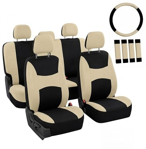FH Group Automotive Sitzbezüge Beige Schwarz Universal Fit Sitzbezug Combo Set mit Lenkradbezug und Sicherheitsgurtpolster (Airbag-kompatibel und Geteilte Bank)