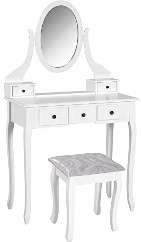 HOMCOM Schminktisch, Frisierkommode mit Hocker, Schminktisch Set, Frisiertisch, Kosmetiktisch, Weiß, 80 x 40 x 140 cm