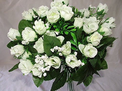 Luscious Artificial Silk Mini Rose bush - 60 Heads with Gyp - (White Rose)