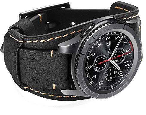 Coobes Compatible avec Samsung Galaxy Watch 46mm / Galaxy Watch 3 45mm /Gear S3 Frontier/Classic Bracelet, 22mm Cuir Veritable Bande Remplacement Strap avec Boucle en Acier Inoxydable (Noir)