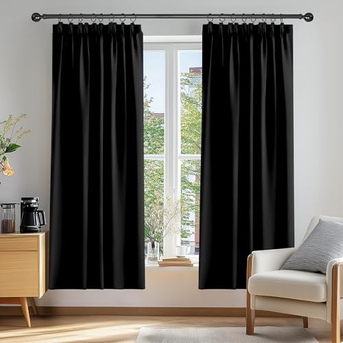 Deconovo Gardine Kräuselbandgardine Vorhang Verdunklung Blickdicht Kräuselbandvorhang, 213x107 cm(HöhexBreite), Schwarz, 2er Set