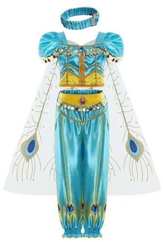 YOSICIL Disfraz de Princesa Jazmín Niña Tops Pantalones Costume Aladdin Jasmine con capa Cosplay Aladdin para Halloween Fiesta Carnaval Vestido Danza del Vientre India 3-10años 100-150cm
