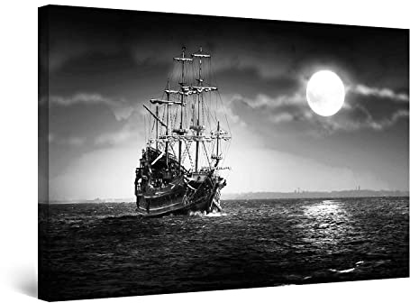 Startonight Bilder Schwarz und Weiß Ozean, Schiff und der Mond - Leinwandbilder Moderne Kunst - Abstrakte Wanddeko Kunstdrucke, Wandbilder XXL Wohnzimmer Groß Wand Bild 80 x 120 cm, Tag Nacht Effekt