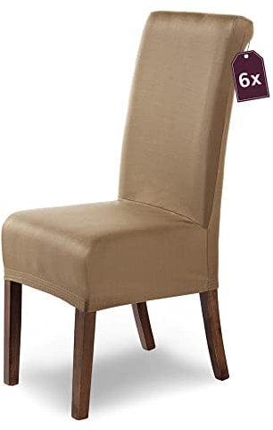 Scheffler Home Stuhlhussen Marie Beige 6er Set Wasserabweisende und elastische Stuhlbezüge mit Fleckenschutz – Passend für Esszimmerstühle und Schwingstühle – Öko-Tex Zertifiziert