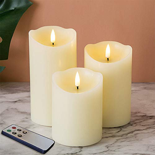 Eywamage Ivory Flameless Pillar Candles with Remote, Flickering Real Wax LED Battery Candles Set of 3