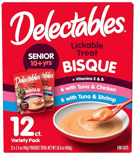 Delectables Lickable Treat Bisque Senior 10+ Wet Cat Treat Variety Pack, Food Topper, Hydrating, Grain-Free, No Fillers, No By-Products, No Added Preservatives, 1.4oz Pouch, 12ct