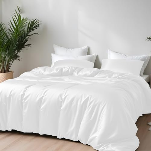 LINENWALAS 100% Bamboo Silk 3Pc Duvet Cover Set with Zipper and Corner Ties- Softest Cooling Anti Allergy Comforter cover Luxury Bamboo Bedding Set 260x220 CM (Super King, White)