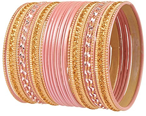 Touchstone „Bunte 2 Dutzend Armreif Kollektion“ Indische Bollywood Legierung Metall Texturierte Baby Rosa Designer Schmuck Armreif Armbänder Set von 24 in antikem Goldton für Frauen