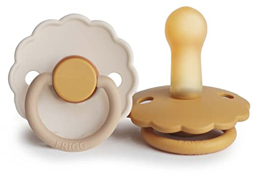 FRIGG Daisy Lot de 2 sucettes | Sucette en latex | Fabriqué au Danemark | Sans BPA | Tétine Cerise Symétrique | (Chamomile/Honey Gold, Taille 2 (6-18 Mois))