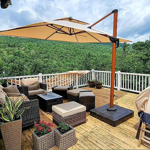 PURPLE LEAF Parasol De Jardin Extérieur, Parasol Déporté Inclinable 2,7 x 2,7 m, Grain de Bois en Aluminium, Toit à Double Rotatif 360°, Anti-UV, Convient Pour les Terrasses et Le Patio Carrées, Beige
