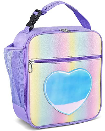 GRKJGytech Lonchera aislada para niños y niñas, con purpurina arcoíris morado, portátil, a prueba de fugas, lonchera para mujeres, paquete de bebidas de alimentos, bolsa enfriadora para el trabajo, la