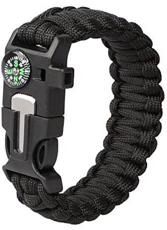 TINAYAUE Bracelets Paracord de Survie Multifonctions Bracelet de Survie d'Urgence Bracelets de Survie Réglable Équipement De Sauvetage Comprenant Boussole Sifflet Allume-feu Noir 22-26cm