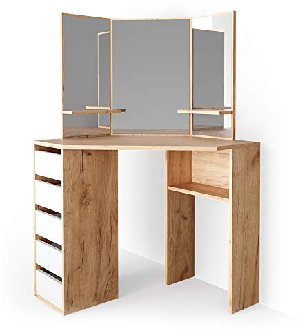 Vicco Frisiertisch für die Ecke Arielle, Kosmetiktisch mit Spiegel, Eiche/Weiß, 110 cm