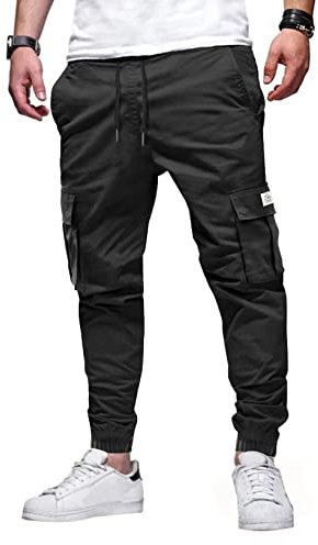 Elegancity Mens Cargo Trousers Casual Jogger Work Pants Regular Fit Drawstring Sweatpants Sports Bottoms with Pockets (Black, 38)